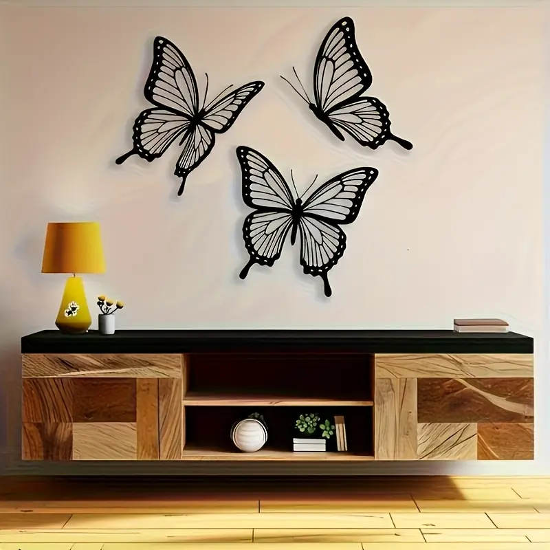New 3-piece butterfly iron wall decor—artistic metal ornament with butterfly wings that cast shadows, suitable for living rooms and entryways