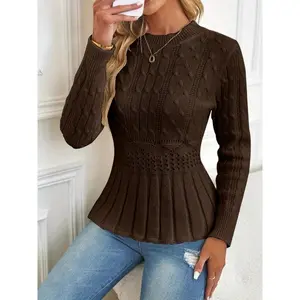 Women's Cable Knit Crew Neck Pullover Sweater, Long Sleeve Flowy Lightweight Knitted Top for Fall/Winter, Casual Cozy Stylish Elegant Soft Daily Wear Commute Cute Womenswear