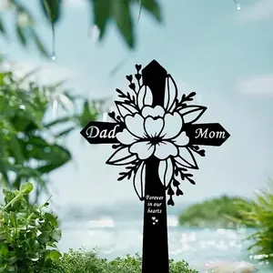 1pc, Cemetery Memorial Cross Metal Flower Garden Memorial Cross Grave Memorial Dad Mon Grave Decoration
