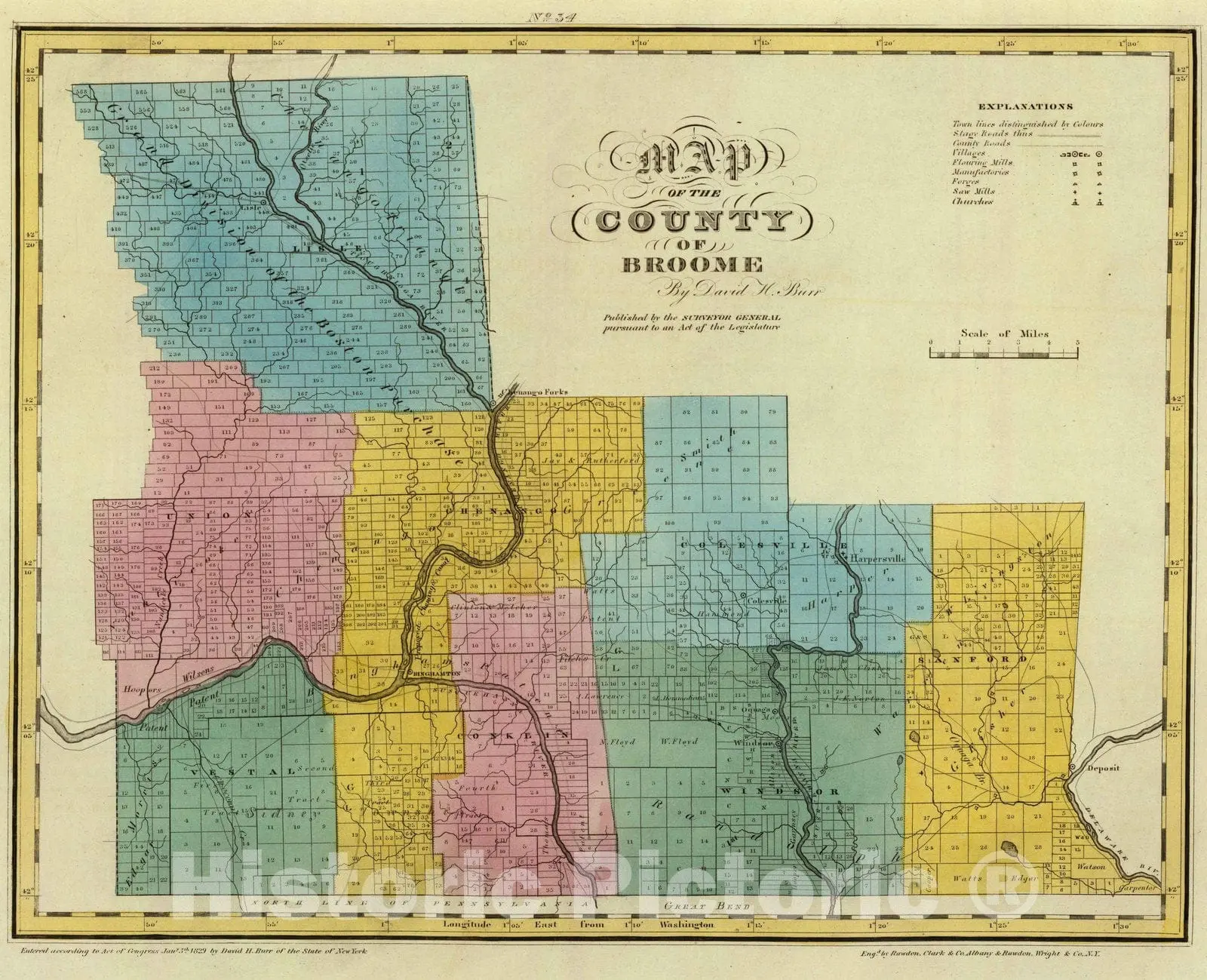 Broome County, New York - Physical Map, 1829 - Historical Map Print