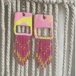 Handmade Beaded Fringe and Clay Earrings with Pink Yellow and Bead Details accessories