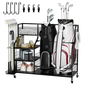 Vantage Mounts Golf Storage Organizer for Garage, Extra Large Golf Bag Stand Holder for 2 Bags with Side Storage Pockets, Heavy Duty Golf Club Rack for Home Basement, Indoor Outdoor Sports Equipment Storage with Lockable Wheels & Shelves tiktokshopsp