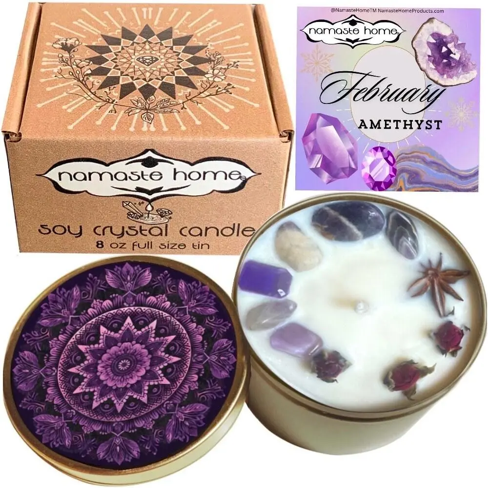 February Birthstone Candle Adorned with Genuine Amethyst, Birthstone Candle, Crystal Candle w/ Rose Buds, February Birthday Candle