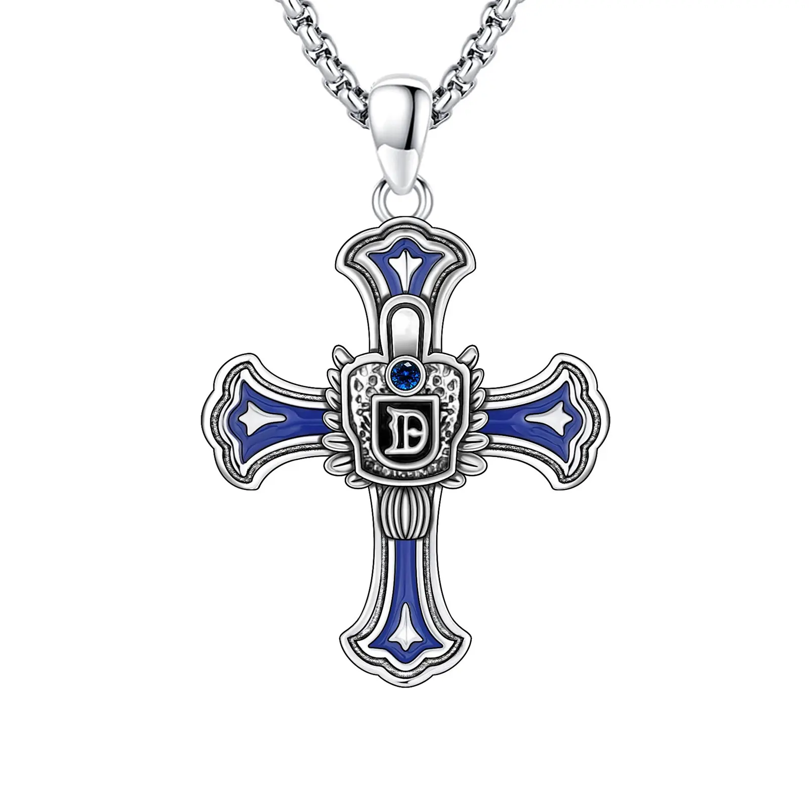 Thanches 925 Sterling Silver Masonic Cross Design Necklace, Religious Pendant with Blue Zircon, Statement Religious Necklace, Freemasonry Protection Jewelry Gift for Men Women (Christmas, Birthday)