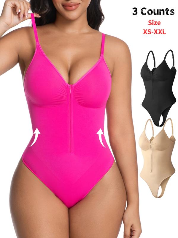 Women's Seamless Shapewear Bodysuit, Front Zipper Design, Tummy Control Thong Style, All Seasons Wearable, Comfortable Fit