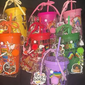 Charm Bag Bundle with Accessories Including Cup,Glasses, Keychains, and 7pc Bracelet Stack Featuring Colorful Charms and Stickers for Fun and Creative Use