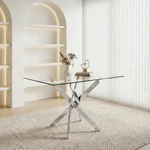 ARCH Rectangular Dining Table, 47.24" Glass Dining Table with Silver Legs, Modern Kitchen Table for Home Kitchen, Dining Room