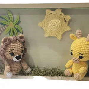 Sweet Handmade Jungle Scene Frame Box with Crocheted Lion & Giraffe on Soft Grass Base for Decor or Collectors