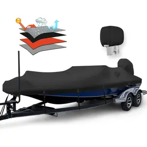 Waterproof 1200D PU Boat Cover with Motor Cover, Heavy Duty Marine Grade Trailerable Polyester Canvas, Fits 20-22ft V-Hull, Runabout, Fishing, Ski Boat with Straps, Bl