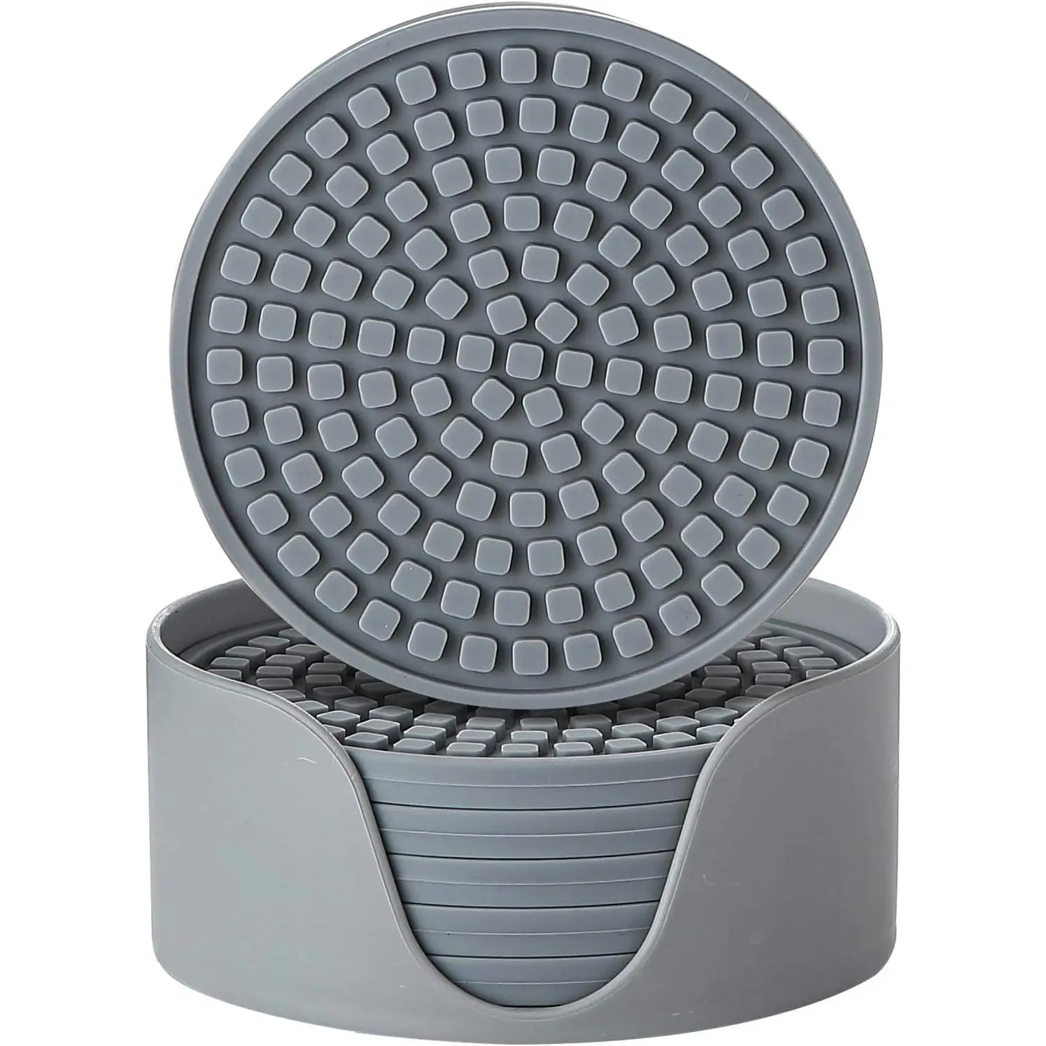 Drink Coasters with Holder, Set of 6, Outdoor Cup Mat for Hot or Cold Drinks, Thickened, Non-Slip,Non-Stick, Cool Grey