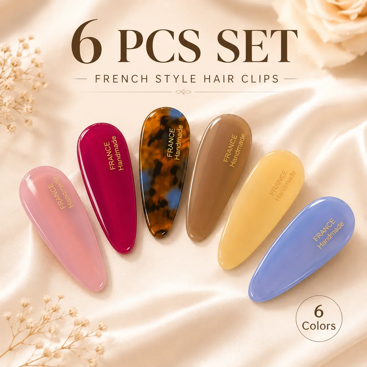 6PCS Hair Clips for Women & Girls, Colorful Dopamine Hair Clips, Teardrop Snap Hair Clips, French Resin Barrettes, Side Clips for Bangs & Flyaway Control, Non-Slip Hair Accessories for Fine Thin Hair