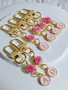 1/20pcs Initial Rose Flower Keychain - Floral Alphabet Pendant, Golden-Toned Metal & Resin, Perfect for Wallets, Backpacks, Car Keys - Gift for Women, Mothers Day, Keychain For Bags, Floral Pattern Keychain