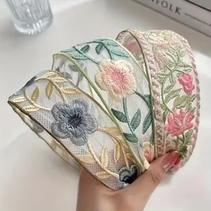 3~4 PCS Cute Floral Embroidery Headbands Wide Boho Mesh Fabric Hair Bands Spring Summer Flower Printed Elastic Non Slip Comfortable Hair Accessories for Women Girls Trendy Fashion