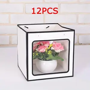 12pcs 15x15x15cm Square Kraft Paper Bags with Transparent Window, Perfect for Gifts, Gift Wrapping, Weddings, Birthdays, Easter, Daily Use Packaging