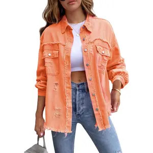 Womens Oversized Ripped Denim Jacket Frayed Hem Button Front Boyfriend Jean Coat Shacket with Pockets