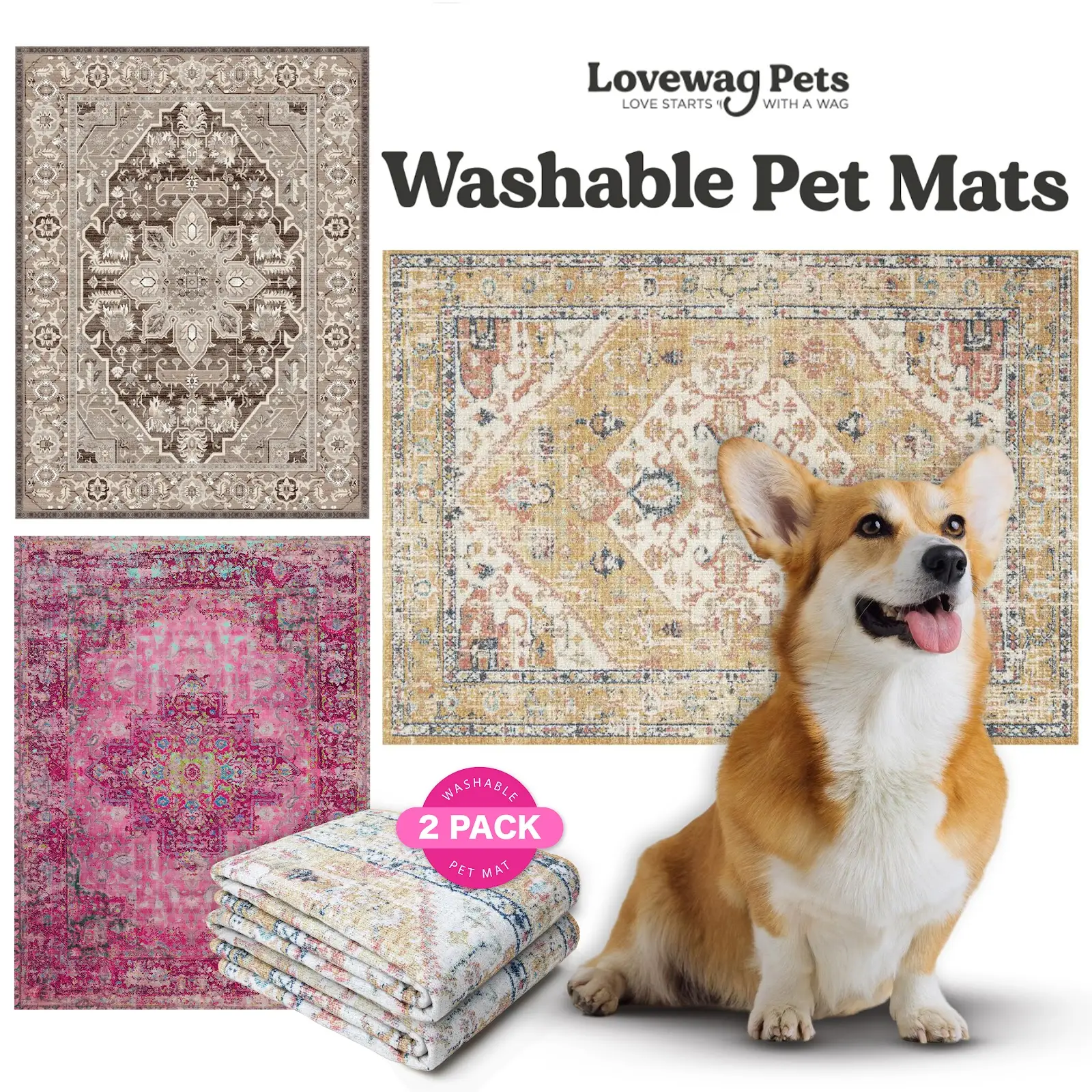 Lovewag Washable Dog Pads pack of 2, Eco-Friendly and Leak-Proof Design, Multi Design Option: Caramel Creme, Mystic Fuchsia, Honey Harvest, 16" x 24"