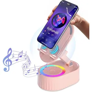 Wireless Induction Audio Bluetooth Speaker 5in1 Phone Holder Emergency Rechargeable (3000mAh) with Colorful Ambient Light 300°   Foldable for Tablet iPhone Android, Womens Birthday Gifts(Pink)