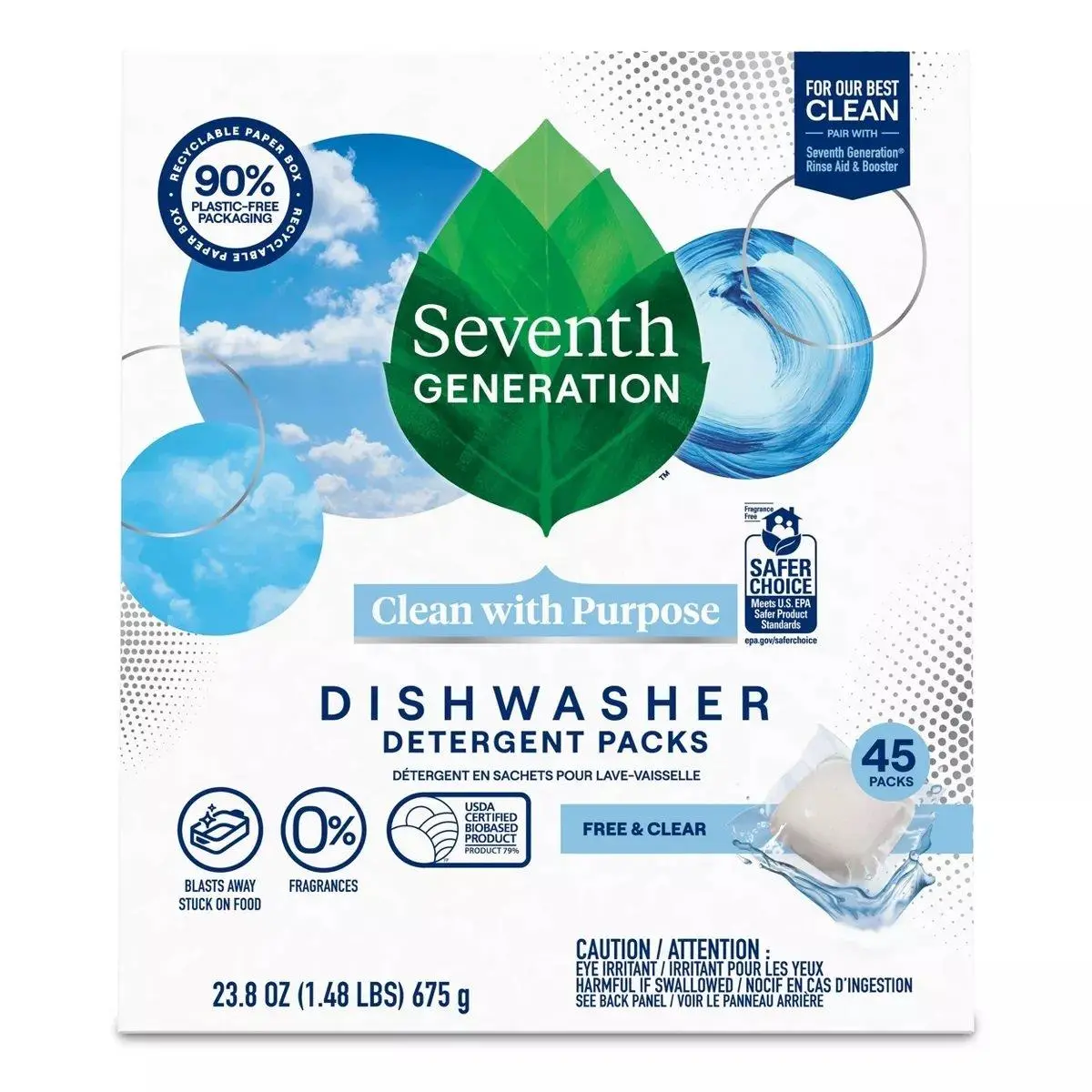Seventh Generation SEV45180EA 23.8 oz Free & Clear Natural Power Dishwasher Detergent Pods - Case of 45, Soap, Cleaner, Dishwasher Cleaning
