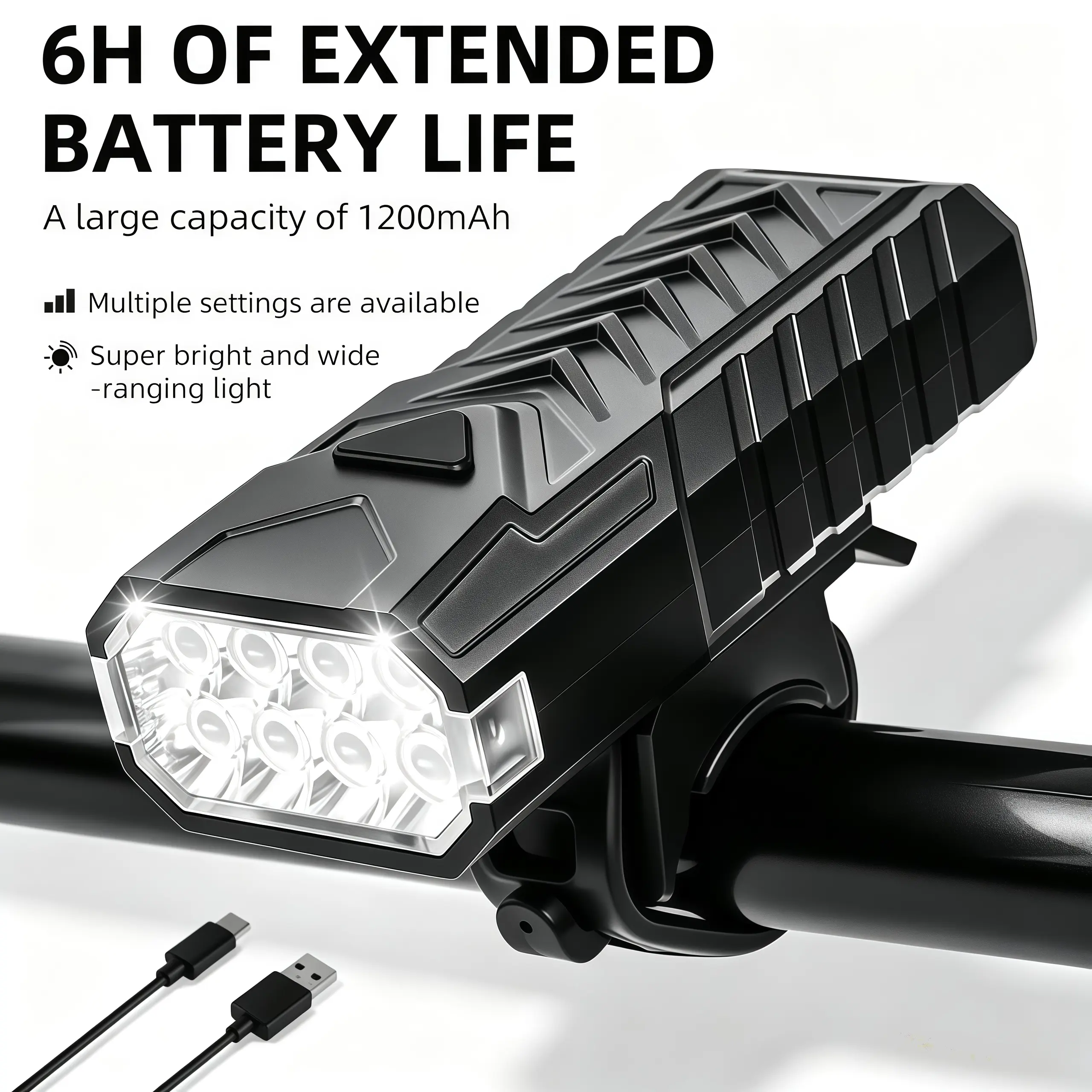 Smart Bicycle Light Set - Bike Accessory, 8-LED ABS Front & Rear Cycling Light, 1200 Lumens, 1200 mAh, 3-Mode USB Rechargeable with USB Port, for Youth Road & Mountain Bikes, Urban, Commuting