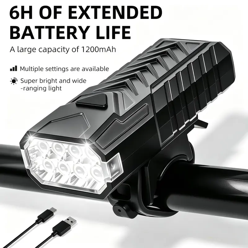Smart Bicycle Light Set - 8-LED Beads ABS Front & Rear Bike Lights, 1200 Lumens LED, 1200 mAh USB Charging Cycling Gear, 3-Mode, Constant Brightness & Flashing, Safety-Focused Urban Commuting Road Bike Accessory
