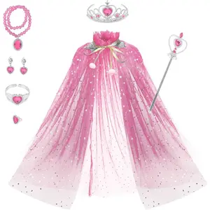 P-JLY03  Princess Cape Set 7 Pieces Girls Princess Cloak with Tiara Crown, Wand for Little Girls Dress up (Pink)