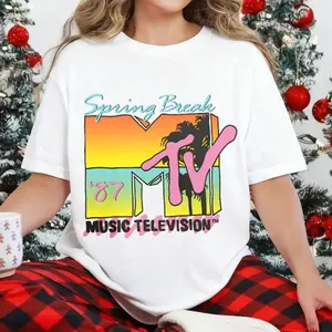 100 Percent Cotton Retro Vintage Style T-Shirt Spring Break Mtv Music Television 87 Design Summer Beach Vacation Outfit Perfect Gift For Music Lovers And Trendy Fashion Fans