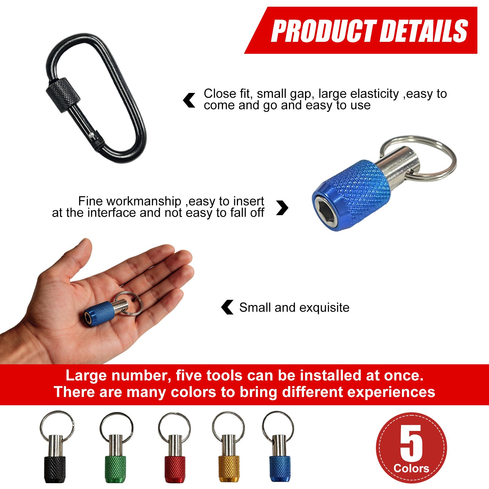 5PCS Aluminum Alloy Screwdriver Bit Holder Keychain Pendant, 1/4" Hex Quick-Release Extension Bar with Carabiner, Portable Drill Bit Organizer for DIY Hardware Tools Hanging Lightweight Hangable