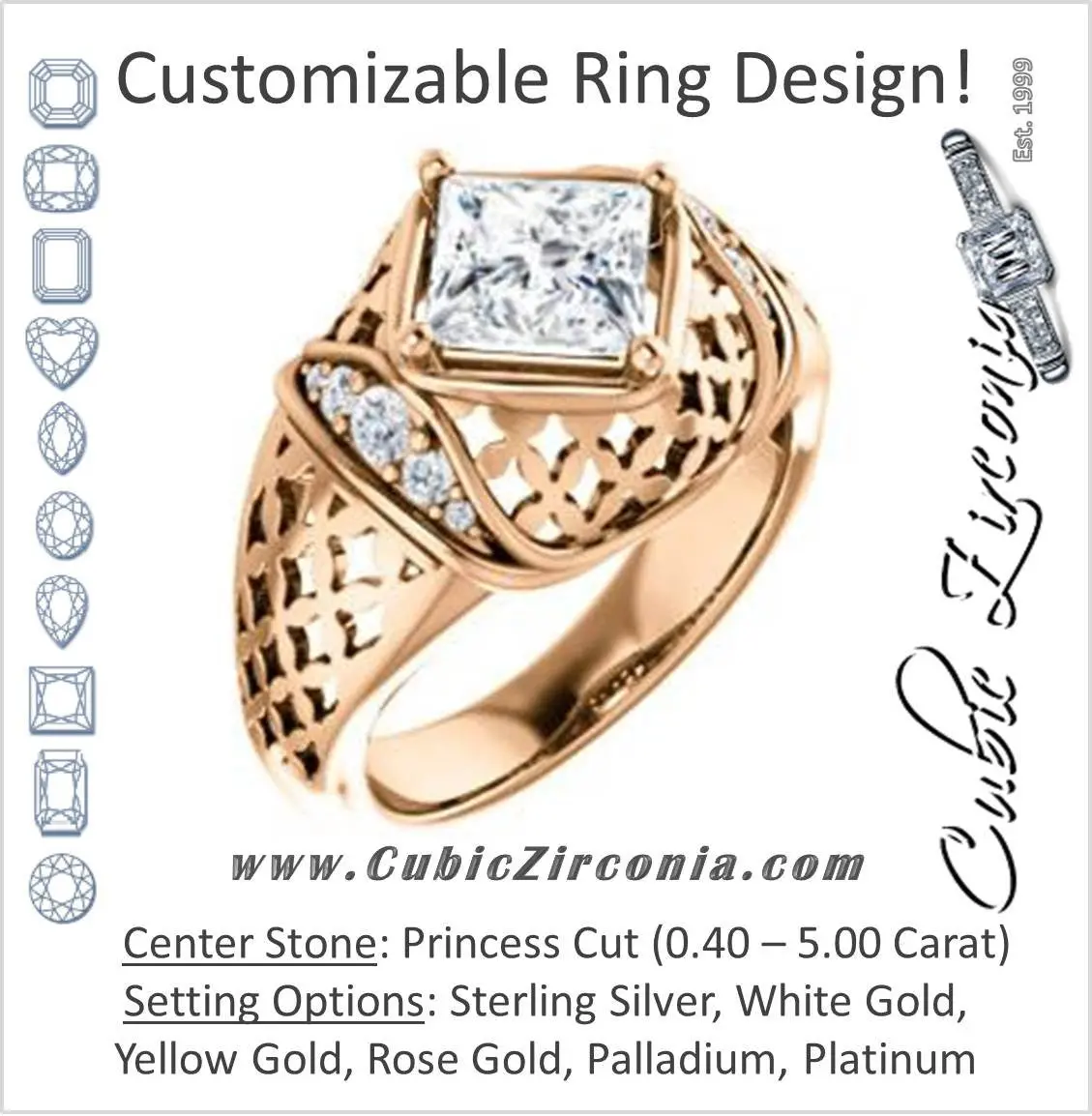 Cubic Zirconia Engagement Ring- The Leilani (Customizable Princess Cut Vintage Crown Setting with Oversized Crosshatch Band)