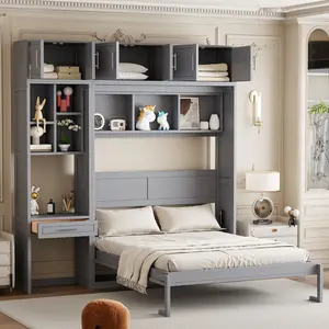Queen Size Wall Murphy Bed with Desk, Top Cabinet and Storage Shelves, Space Saving Foldable Bed,Gray