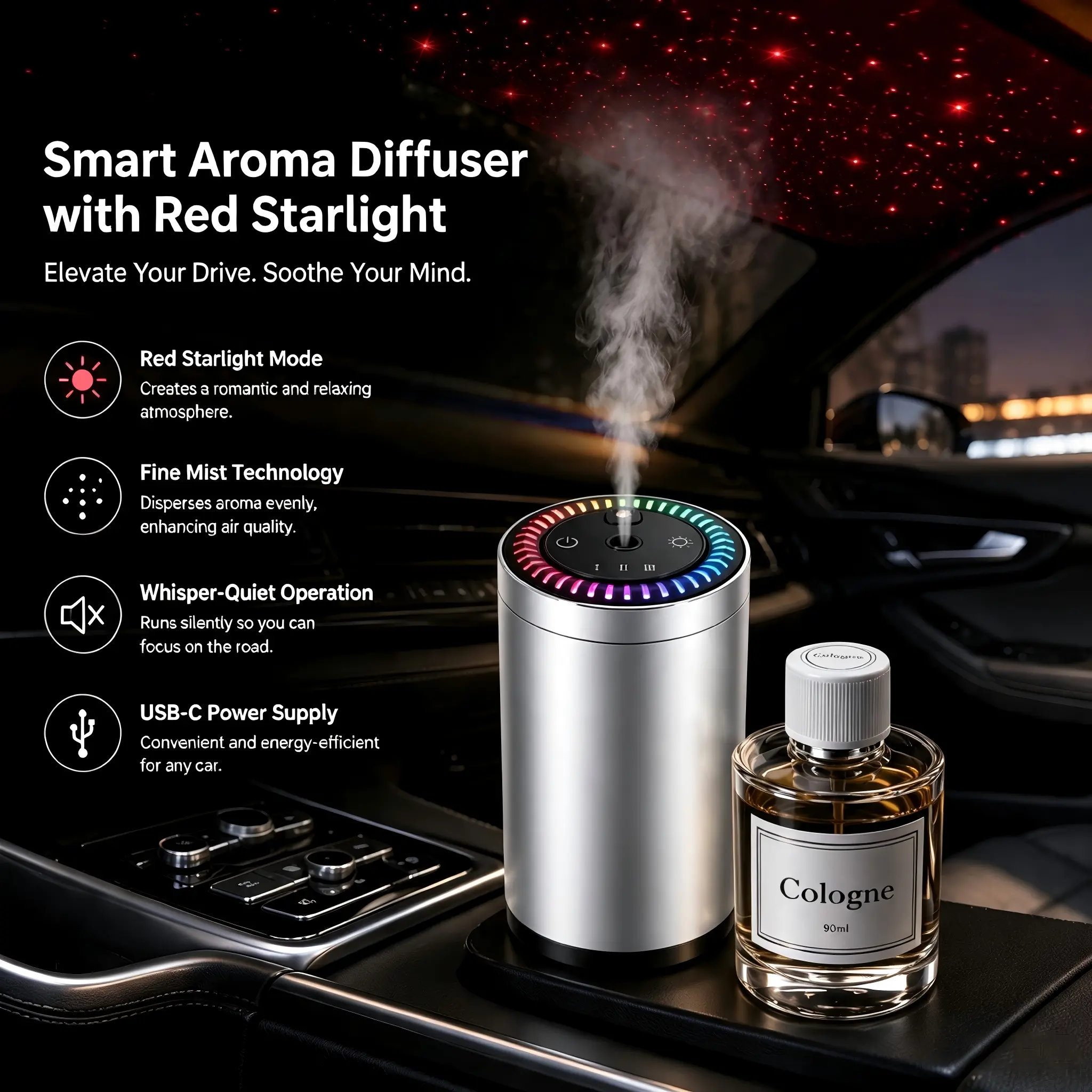 Intelligent car diffuser with red starlight projector, USB electric car air freshener with ambient light, 90ml large capacity fuel dispenser, intelligent automatic start diffuser with 3 modes and fine fog technology, starlight car upgrade, preferred gift