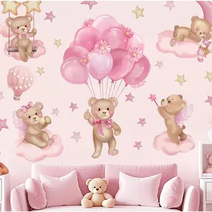 Pink Balloon Bear Wall Stickers, Animals Hot Air Balloon Stars Clouds Peel and Stick Wall Art Decals for Baby Nursery Kids Girls Bedroom