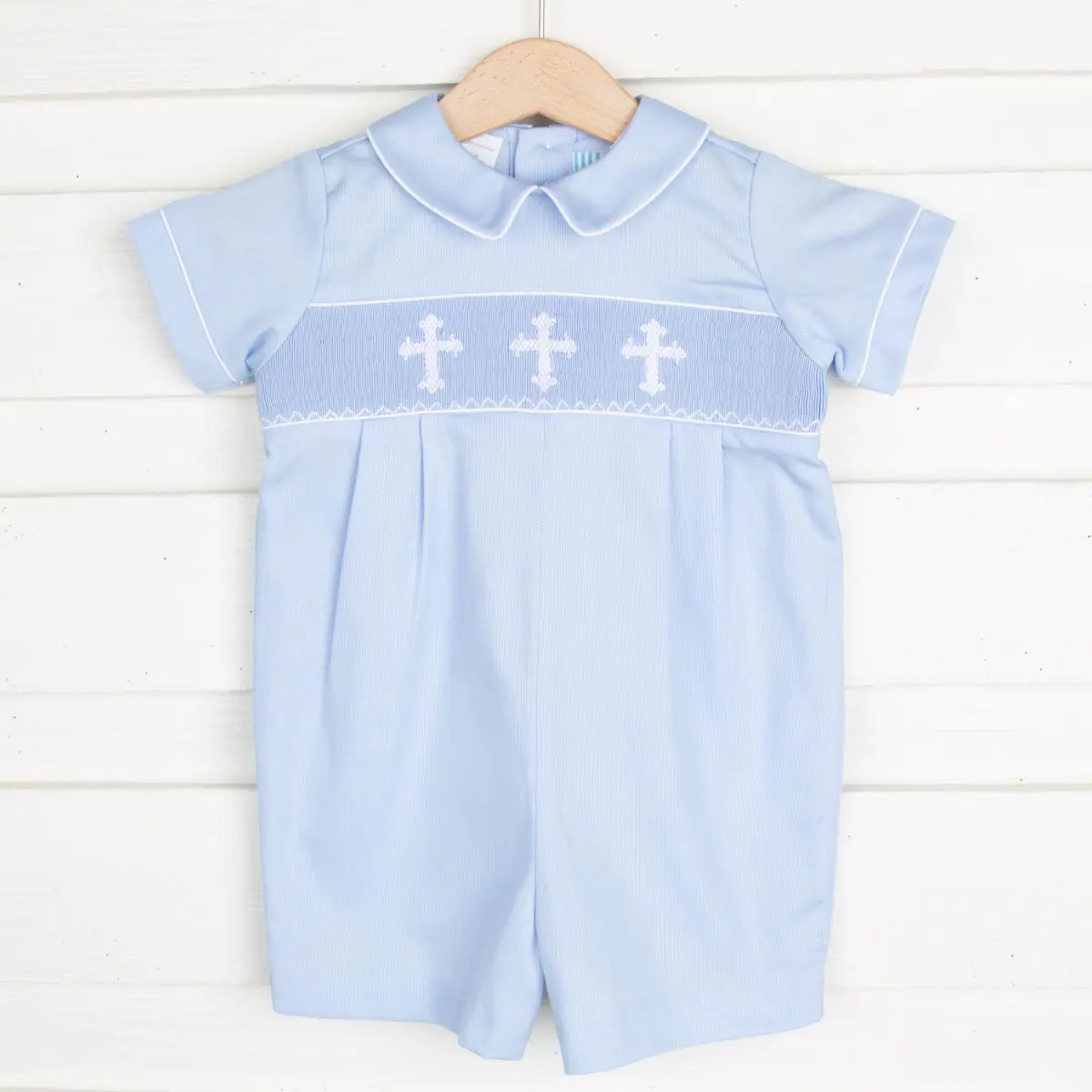 White Cross Smocked Collared Romper Light Blue Pique - Little Boys Special Occasion or Baptism Outfit