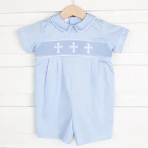 White Cross Smocked Collared Romper Light Blue Pique - Little Boys Special Occasion or Baptism Outfit