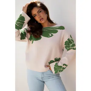 Green Bold Flower Pattern Wide Sleeve Baggy Sweater