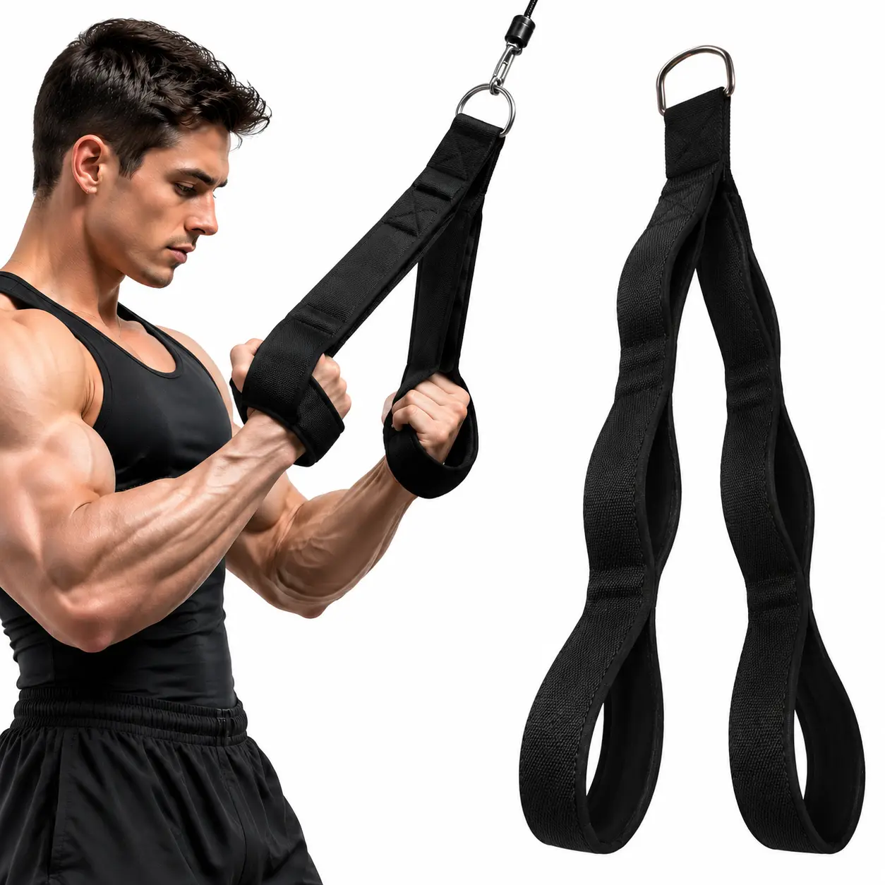 Cable Machine Tricep Strap Attachment, Multi-Grip Padded Loop Handles with D-Ring for Face Pulls, Cable Curls, Upright Rows and Upper Body Workouts