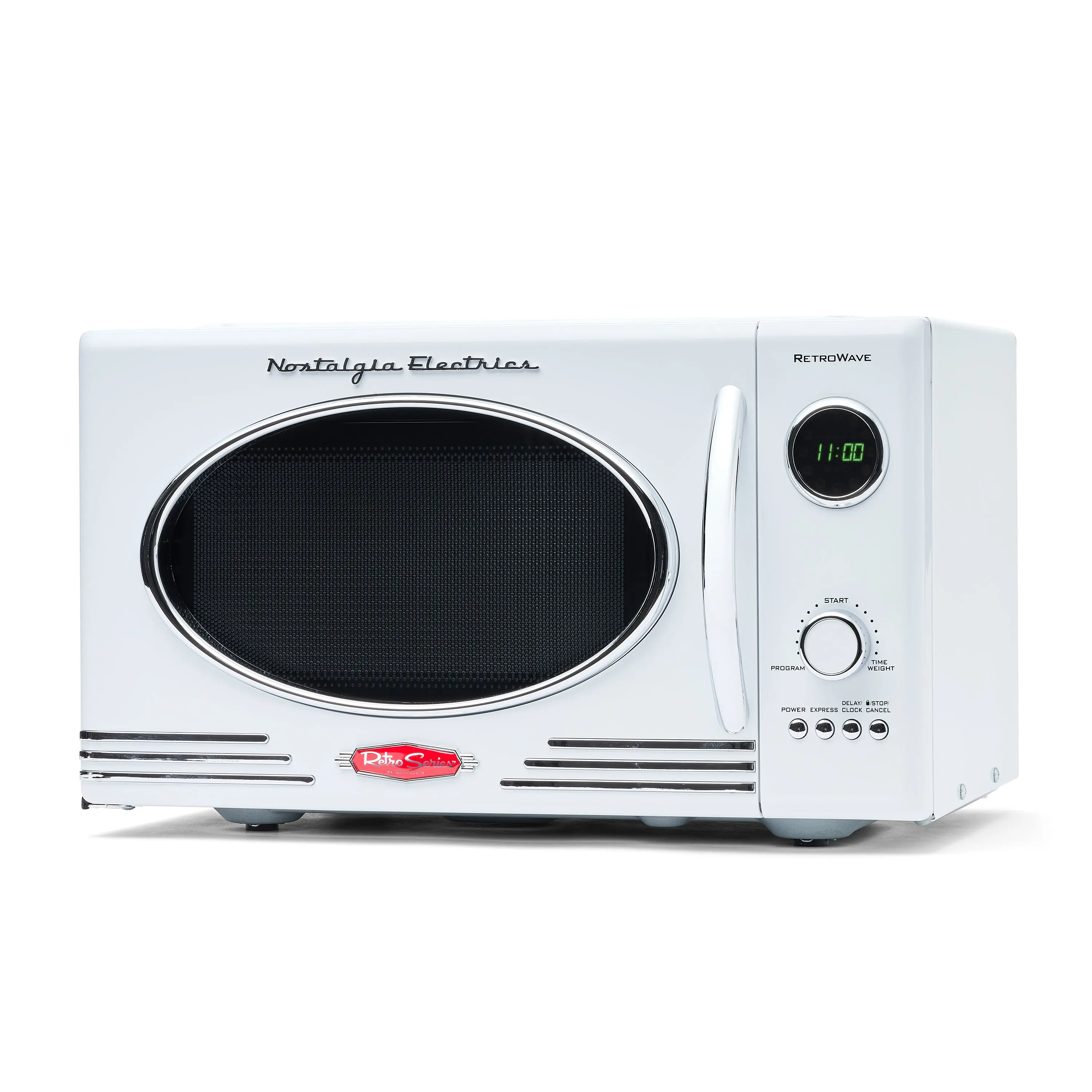 Nostalgia Retro Countertop Microwave Oven - White, 0.9 Cubic Foot, 800-Watt, Digital Clock, 12 Pre-Programmed Cooking Settings