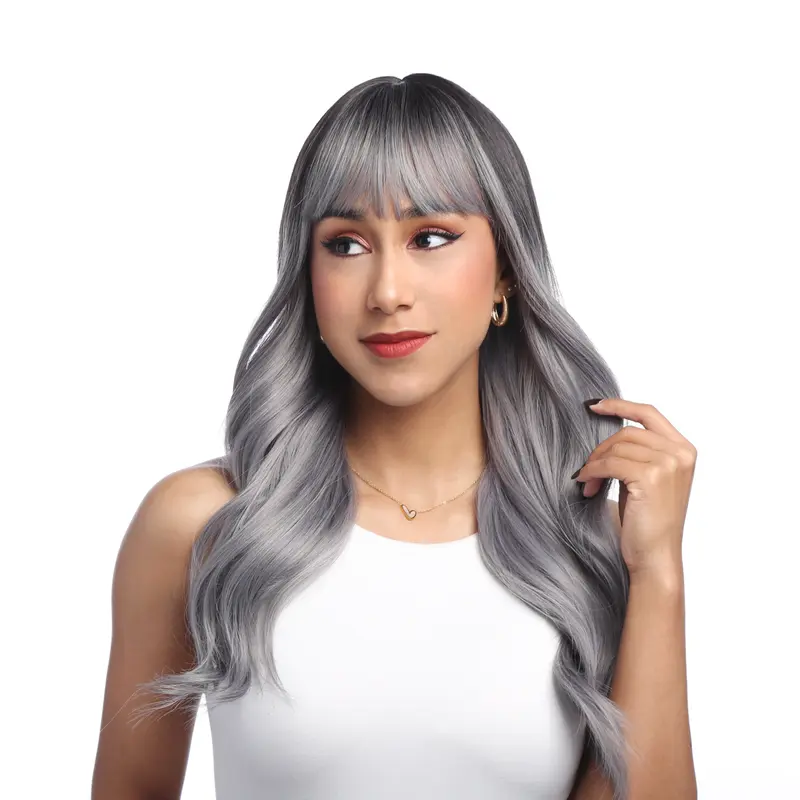 19-Inch Blue-Tinted Smokey Silver Ombré with Black Roots Gentle Wave Synthetic Wig | 【Heat Resistant】 【Cap Included】 | #41FSGB