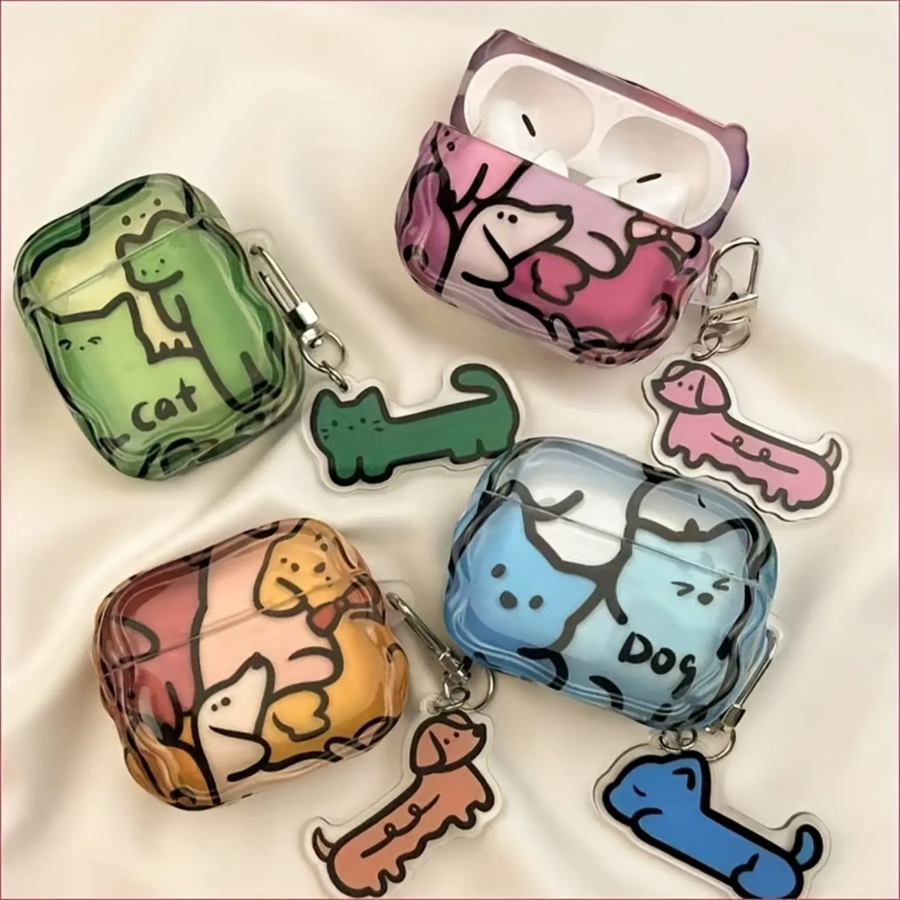 Doodle Cat & Dog Pattern Protective Case for AirPods – Fits AirPods 3/4, Pro/Pro 2 (1st–4th Gen), Great for Summer Fun & Everyday Protection