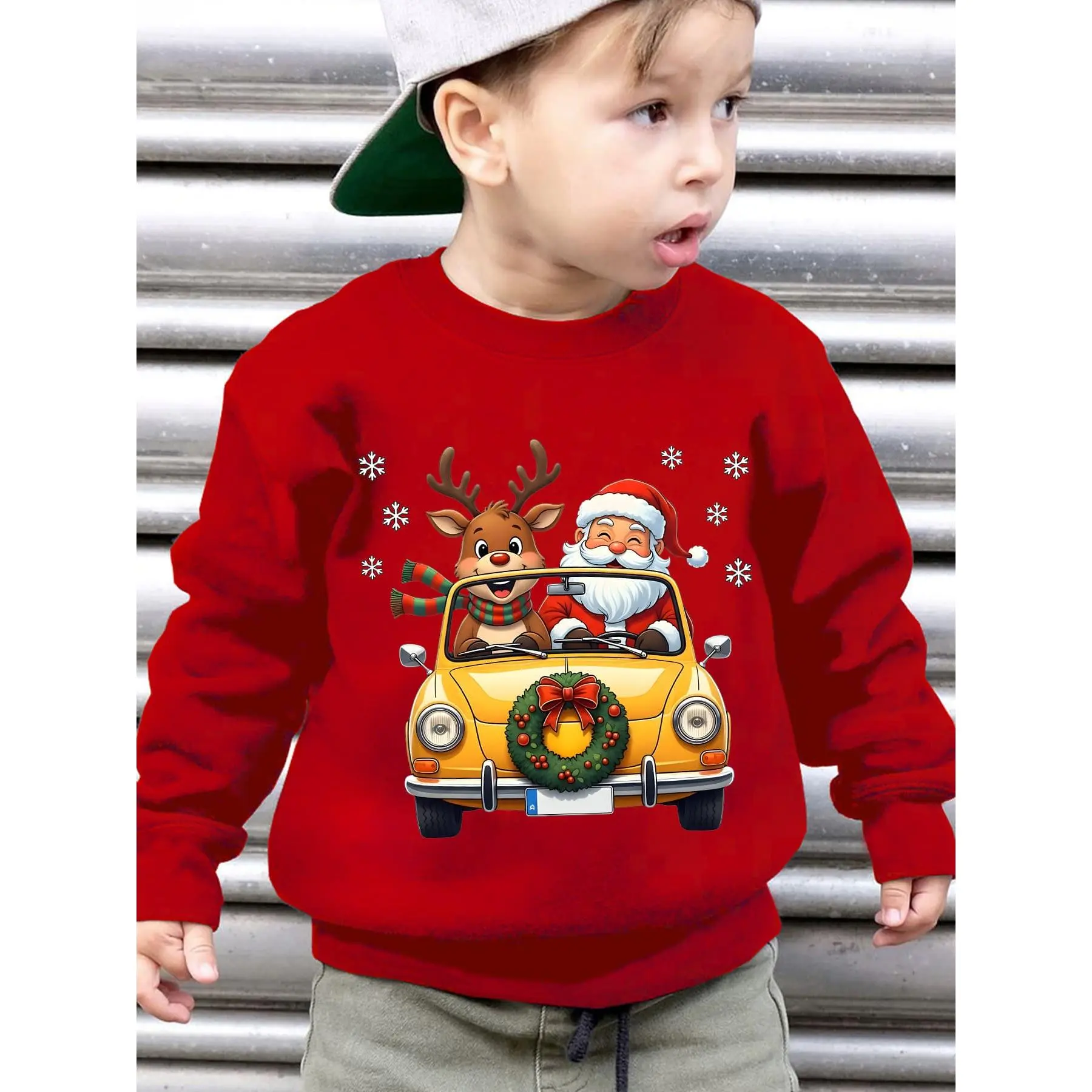 Boys' Winter Christmas Santa & Reindeer Car Appliqué Sweater - Long Sleeve Casual Pullover with Reindeer & Santa Driving Car Design, Warm Cozy Sweaters for Boys & (Hand Wash/Dry Clean)