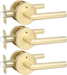 goldenwarm 3 Pack Gold Door Handle, Interior Door Handle, Brushed Gold Privacy Door Handle, Satin Brass Door Lever for Bedroom and Bathroom with Lock, Door Hardware, Easy Installation lock door