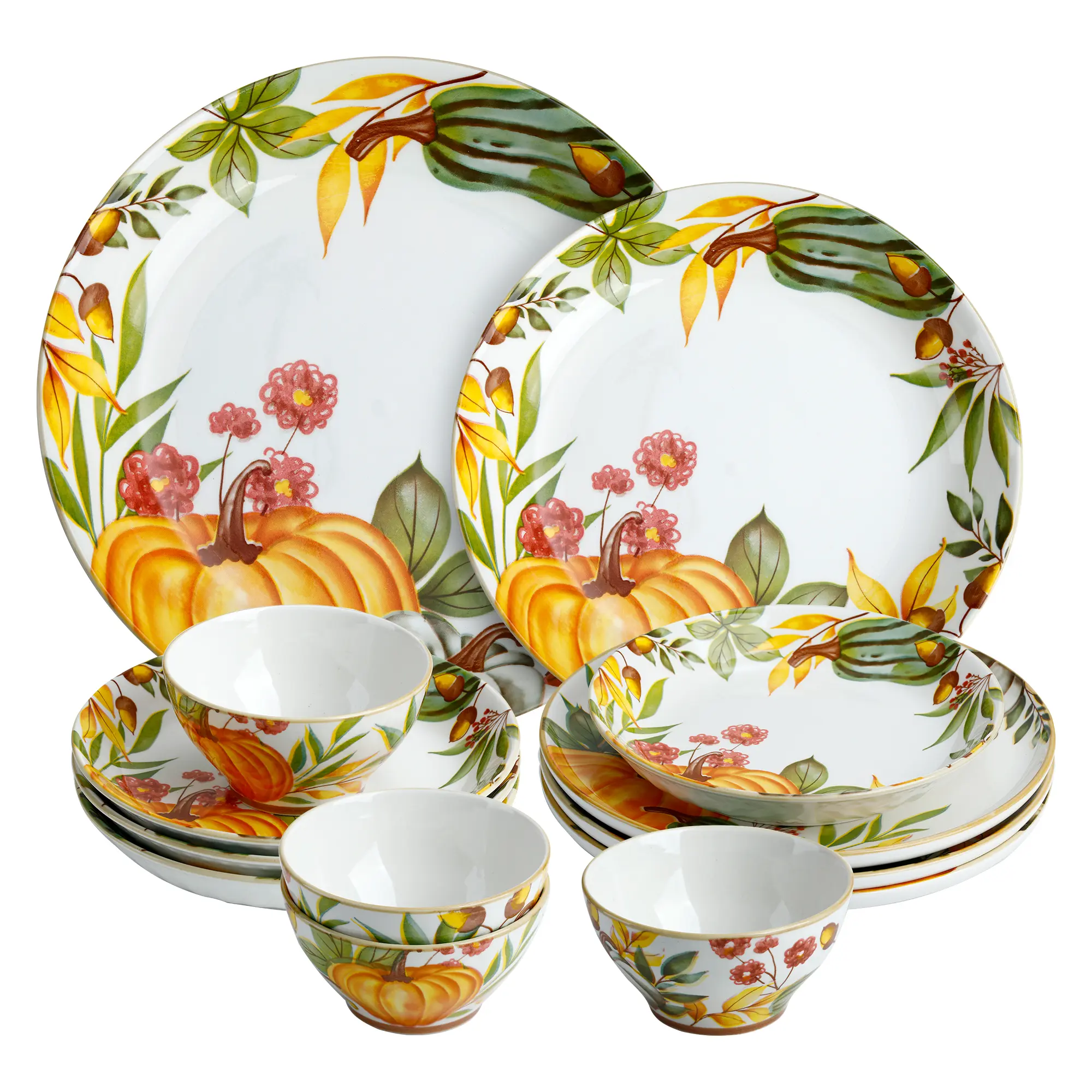 12-Piece Porcelain Dinnerware Set, Service for 4, Pumpkin Pattern Plates & Bowls, Microwave and Dishwasher Safe Dinnerware Set