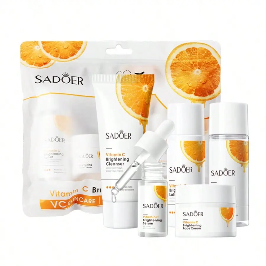 5-Piece Vitamin C Skincare Travel Kit, Hydrating Brightening Facial Cleanser, Toner, Serum & Cream Set