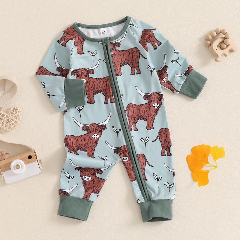 Country Baby Clothes Boy Girl Western Highland Cow Print Long Sleeve Romper Zipper  Jumpsuit Spring Fall Outfit 0-12M