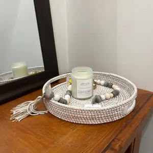 Round Rattan Tray with Handles for Serving in Natural White Woven Seagrass Decor