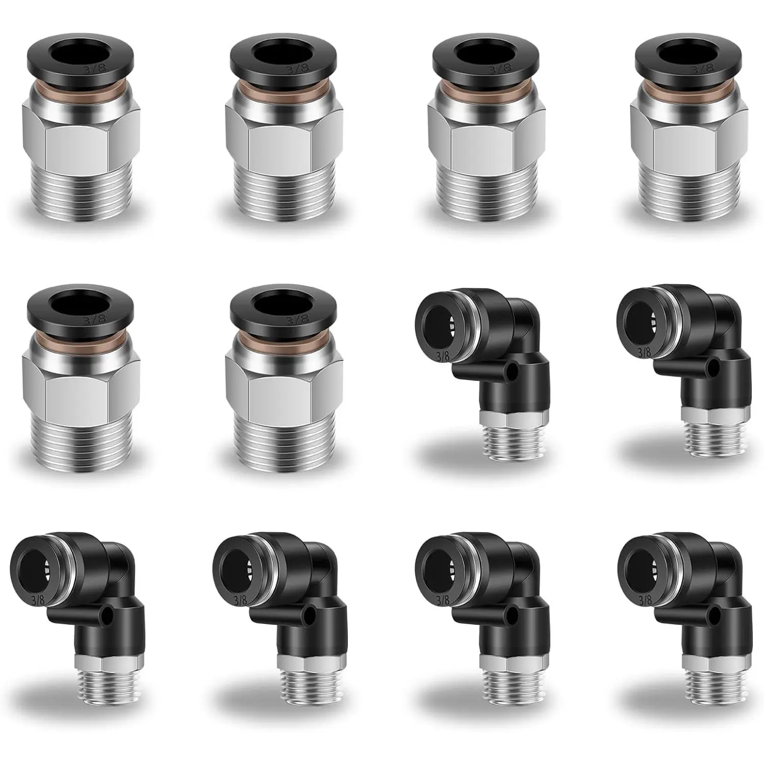 12-Count Pneumatic Push-to-Connect Quick Couplers for Tools & Hardware Industry, 3/8 in Tube OD x 3/8 in NPT Thread Male Straight & Elbow Air Line Fittings