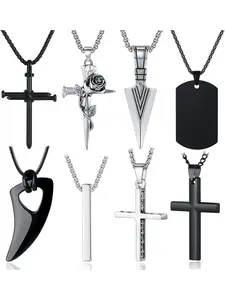 8 Pcs Necklace for Men, Mens Necklaces Jewelry Set, Black and Silver Stainless Steel Necklace, Cross Pendant Necklace, 16-24 inches Chain