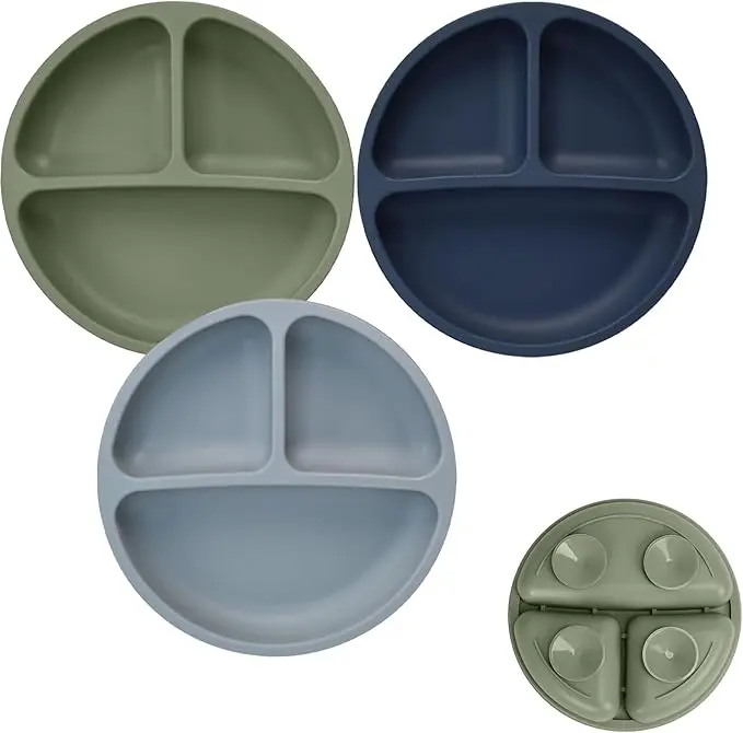 Tiny Marvels Baby Plates 3 Pack, 100% Food Grade Silicone Toddler Plates, Divided Baby Suction Plates, Non-Slip Toddler Plate Set, Baby Led Weaning Supplies, Microwave & Dishwasher Safe