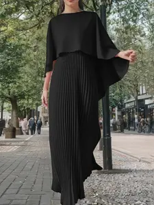 Women's Solid Color Batwing Sleeve Top & Pleated Dress Set, Casual Chic Elegant Fashion Cozy Two-piece Outfits for Daily Outdoor Wear, Ladies Clothes Womenswear for All Seasons