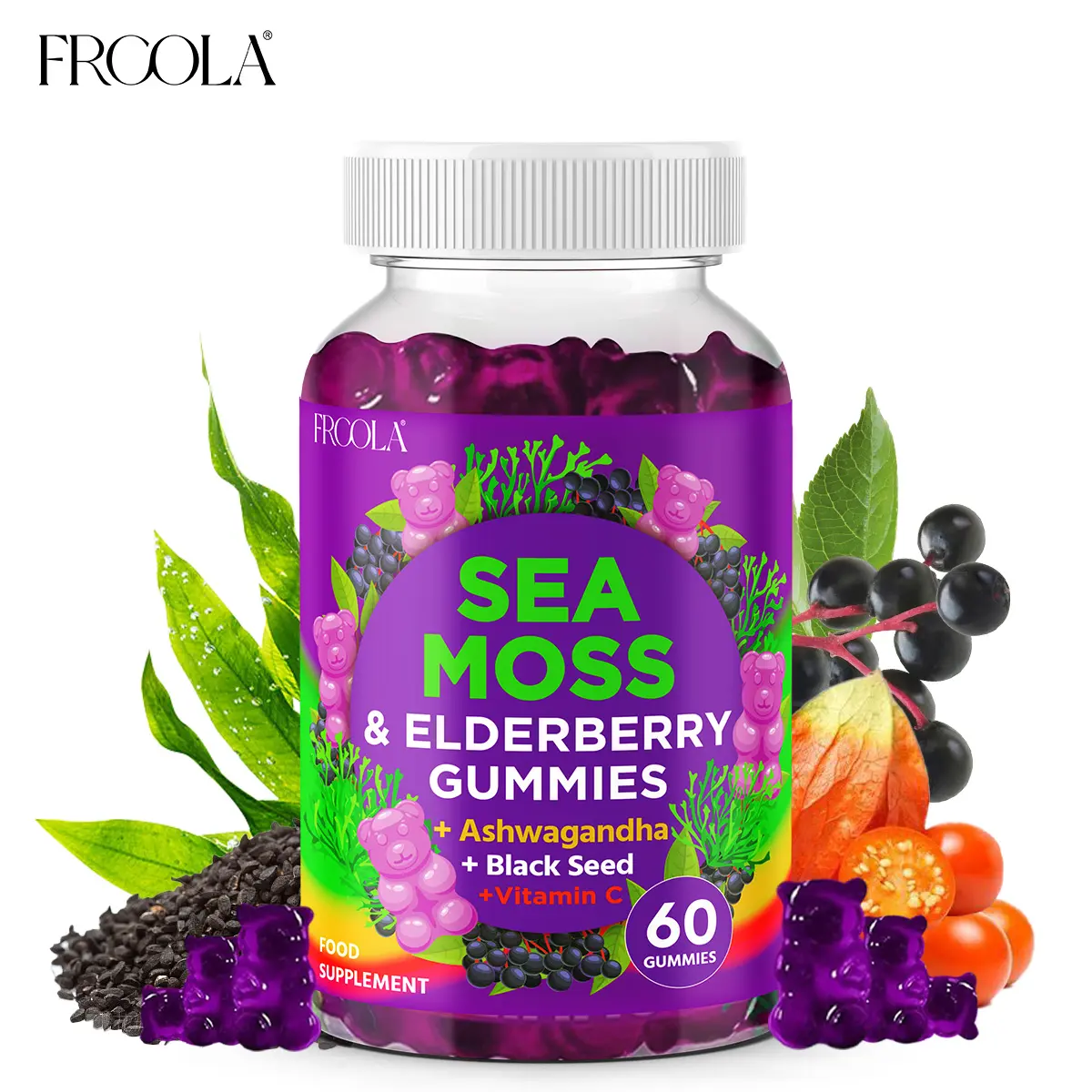 FRCOLA 71850mg Sea Moss & Elderberry Gummies Upgrade Formula with Ashwagandha, Black Seed, Vitamin C & Zinc 60 Gummies for Natural Healthcare and Fitness Support Dietary Edible Supplement