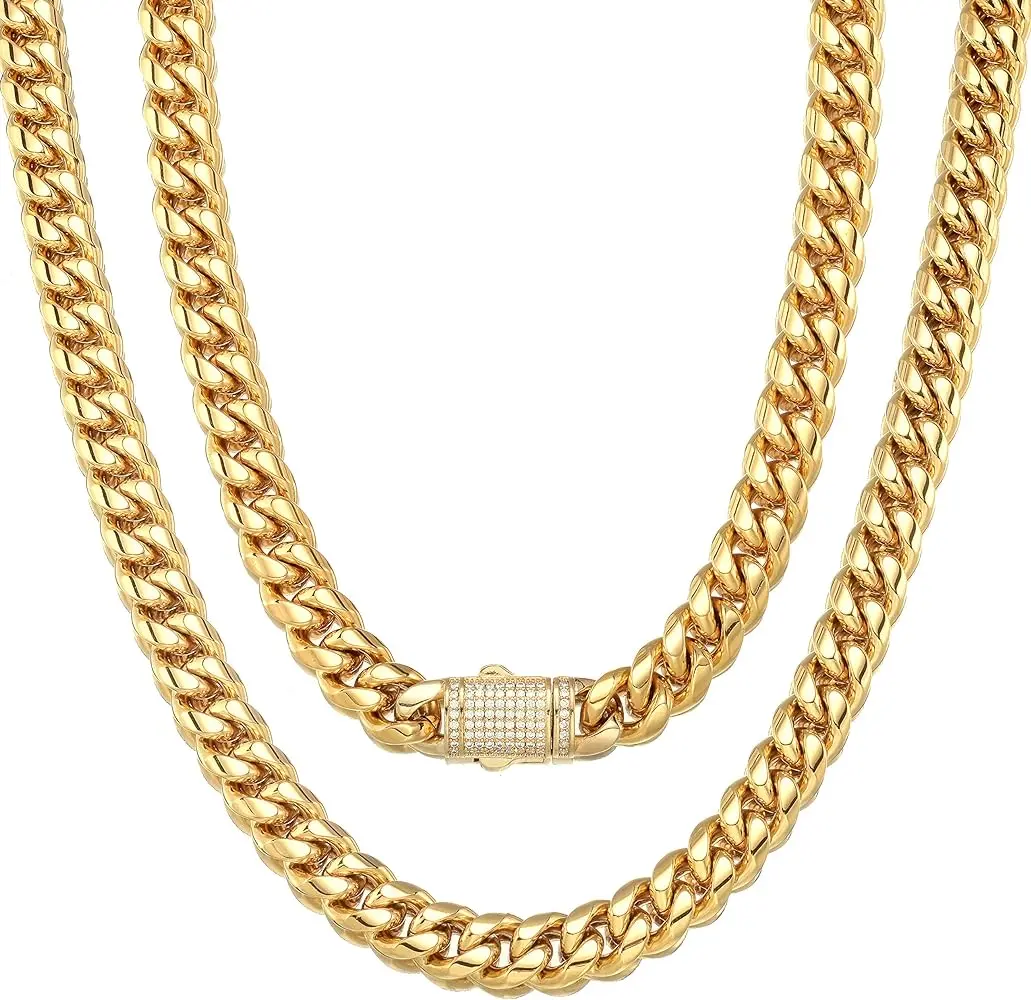 14K Gold Plated Secure Cuban Link Necklace with Ear-Shape Diamond Clasp - Polished Chunky Curb Chain, Extra Thick Long-Lasting Shine Sturdy Hip Hop Neck Jewelry for Men
